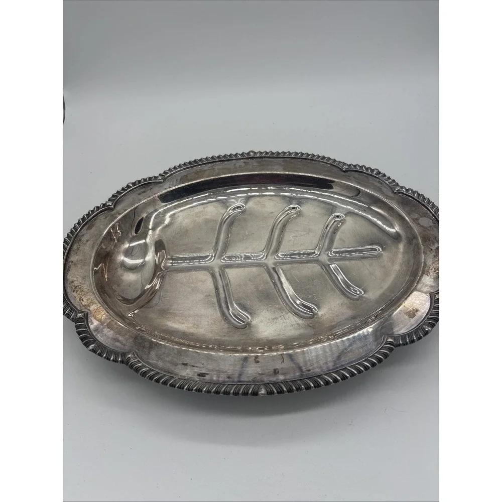 Large Heavy Antique Silver Plated  Meat Serving Platter Tree Design 16 X 11